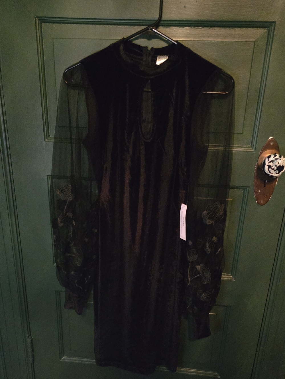 VENUS Black Velvet Dress with Sheer Embroidered Long Sleeves